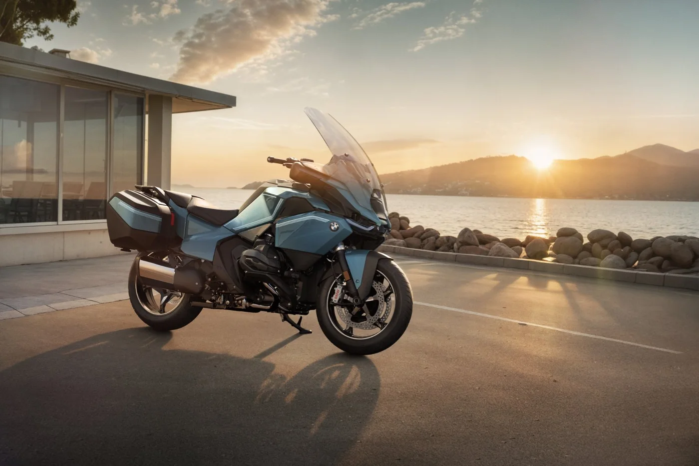 BMW R 1300 RT em tom azul-petróleo estacionada à beira-mar ao pôr do sol
