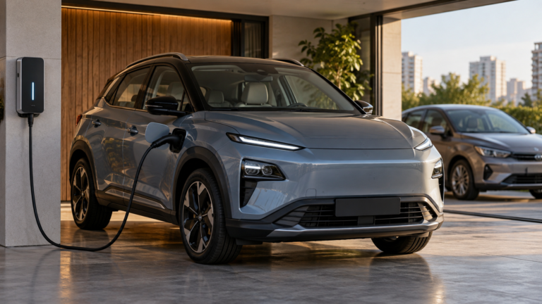 Carro elétrico em recarga residencial