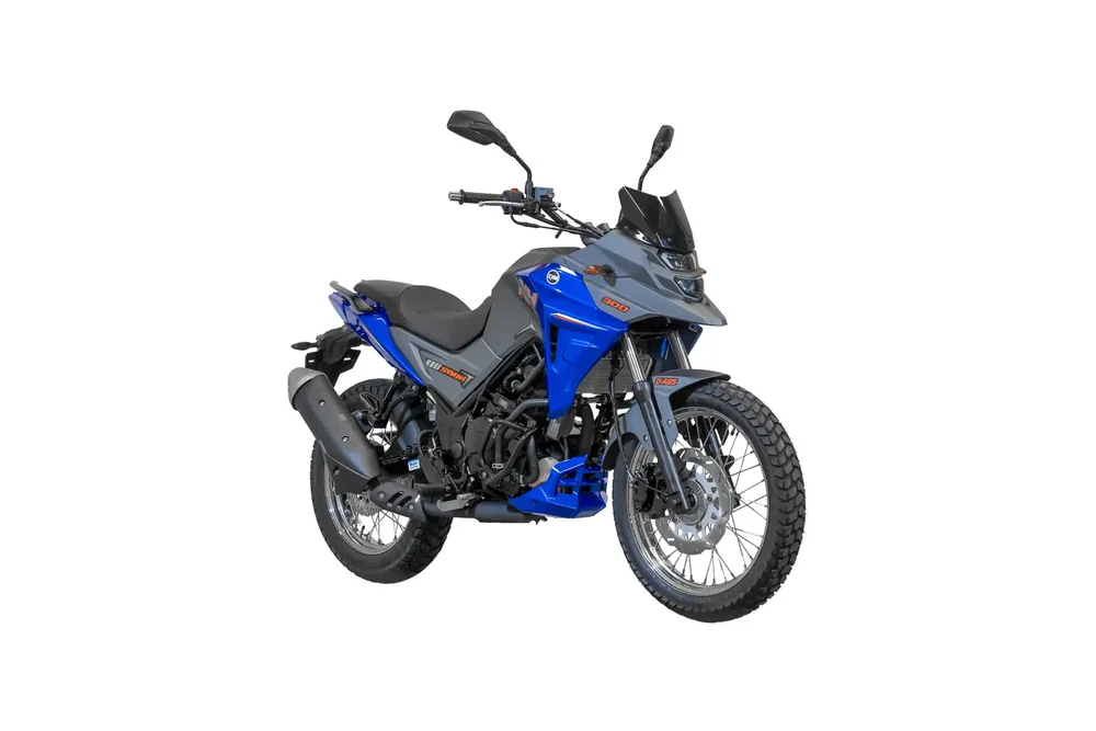 Dafra NH 300 azul e cinza, vista de três quartos em fundo claro