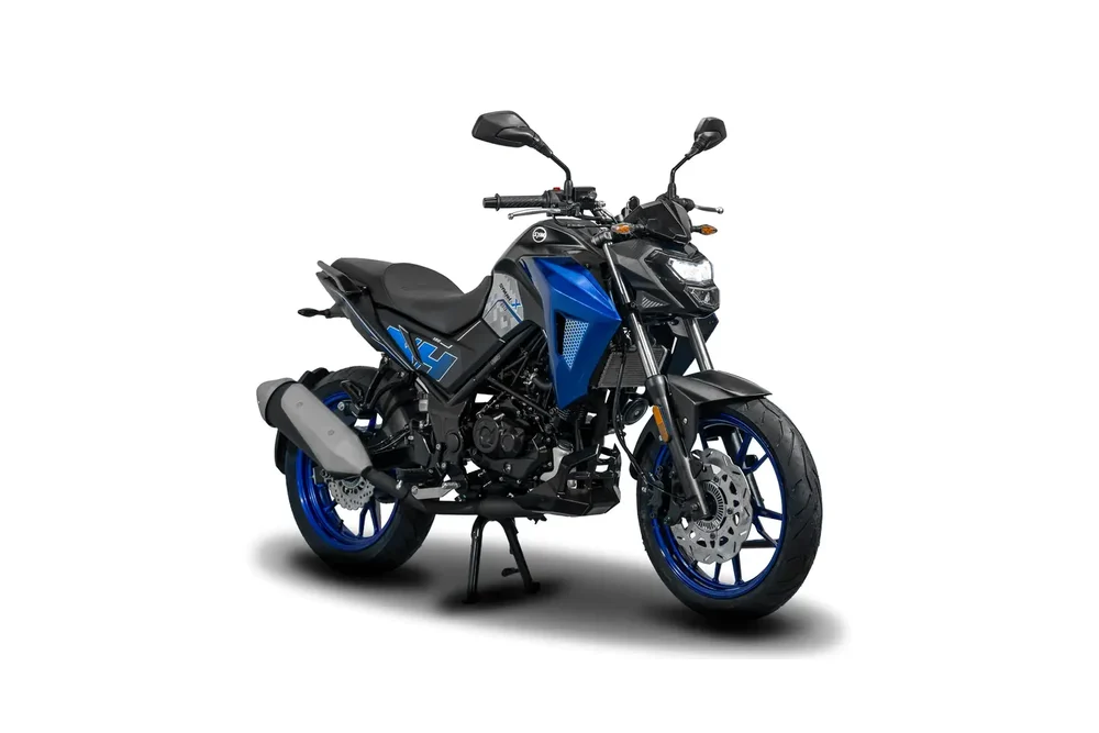 Dafra NHX 190 azul, naked vista de três quartos em fundo claro