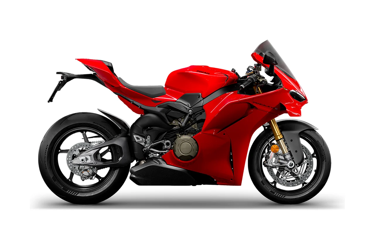 Ducati Panigale V4 S vermelha, superesportiva vista de lado
