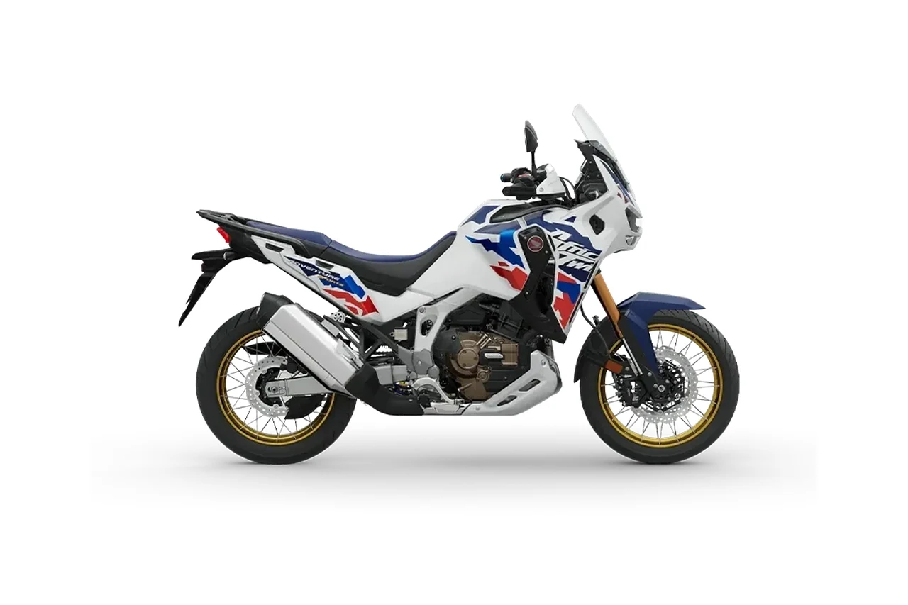 Honda CRF 1100L Africa Twin Adventure Sports DCT ES branca, azul e vermelha, vista de lado