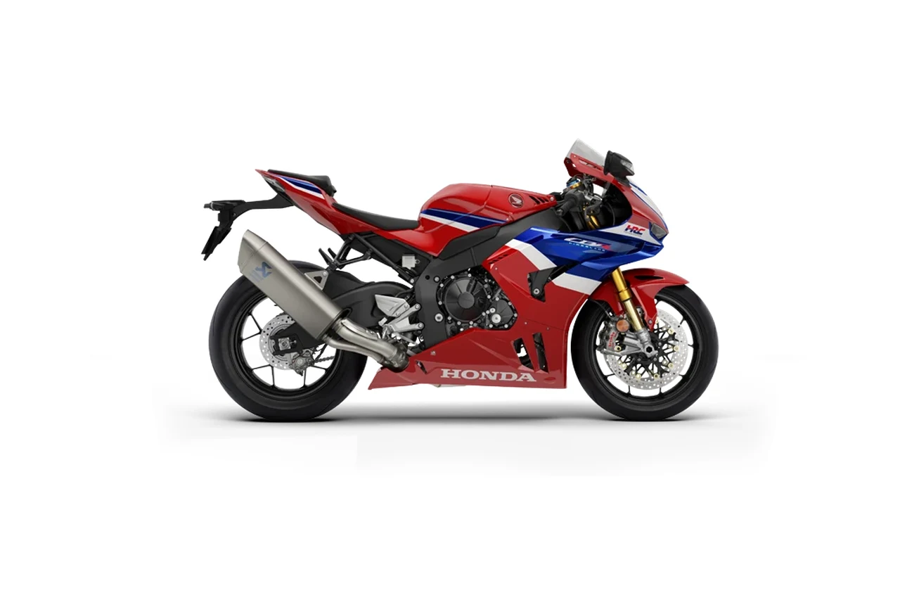 Honda CBR 1000RR-R Fireblade SP vermelha, azul e branca, vista de lado em fundo claro