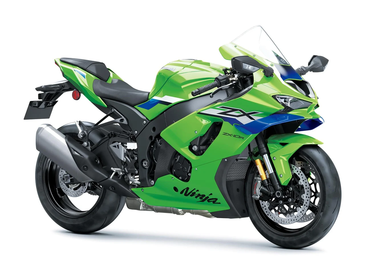 Kawasaki Ninja ZX-10R verde, superesportiva vista em três quartos de frente