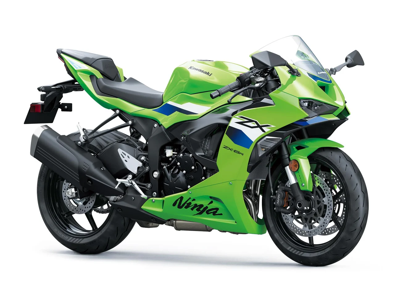 Kawasaki Ninja ZX-6R verde, superesportiva vista em três quartos de frente