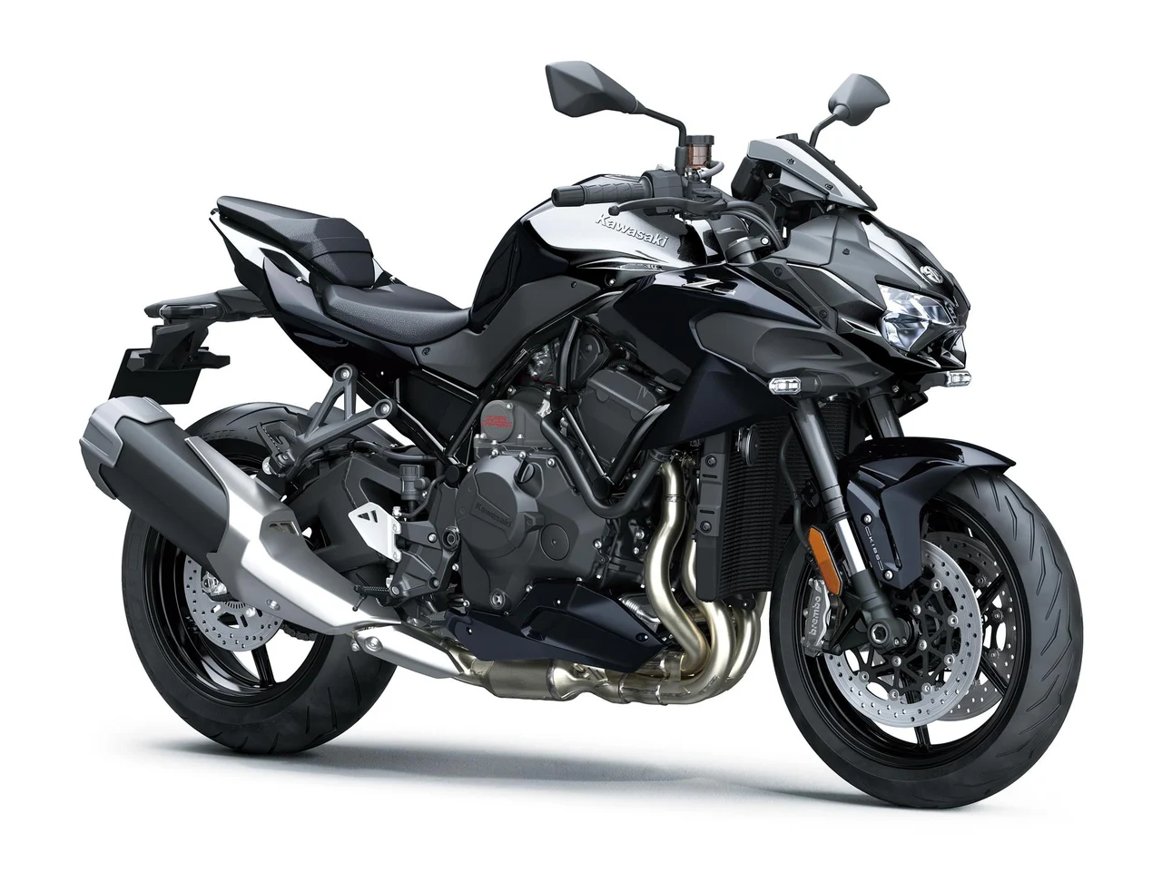 Kawasaki Z H2 preta, naked vista em três quartos de frente