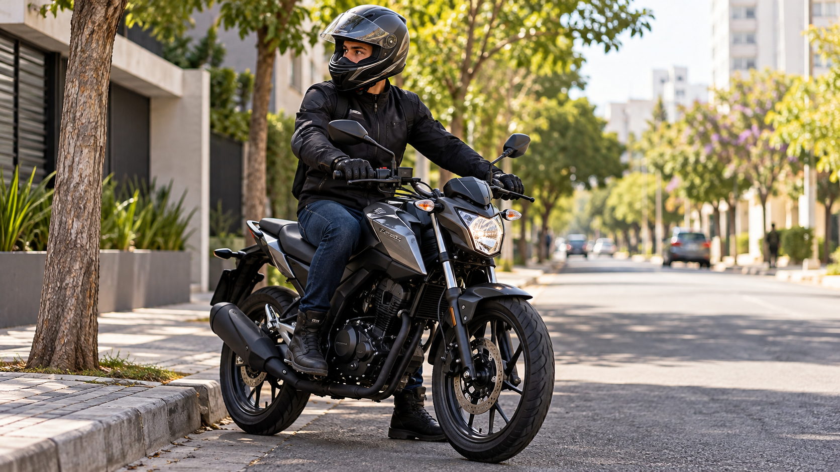 Motociclista com equipamento de proteção em moto urbana