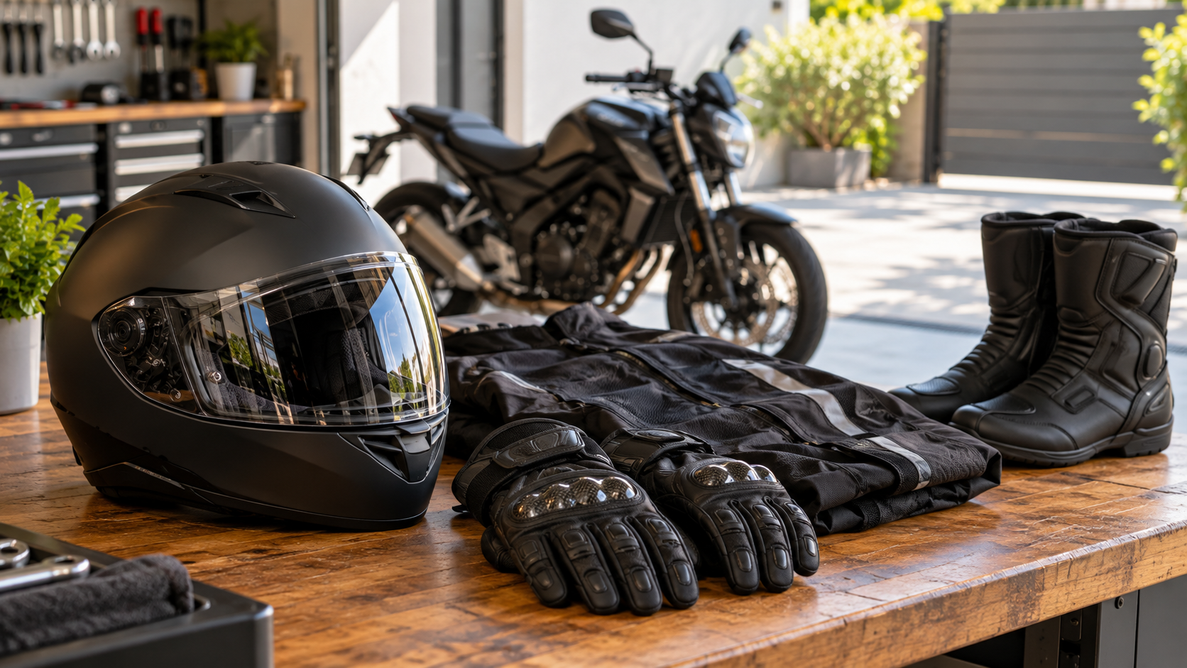 Capacete e equipamentos de segurança para motociclista