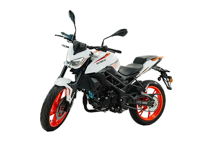 Shineray 250F branca com rodas laranja, naked vista em três quartos de frente