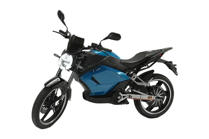 Shineray SHE-S azul e preta, motocicleta elétrica vista em três quartos de frente