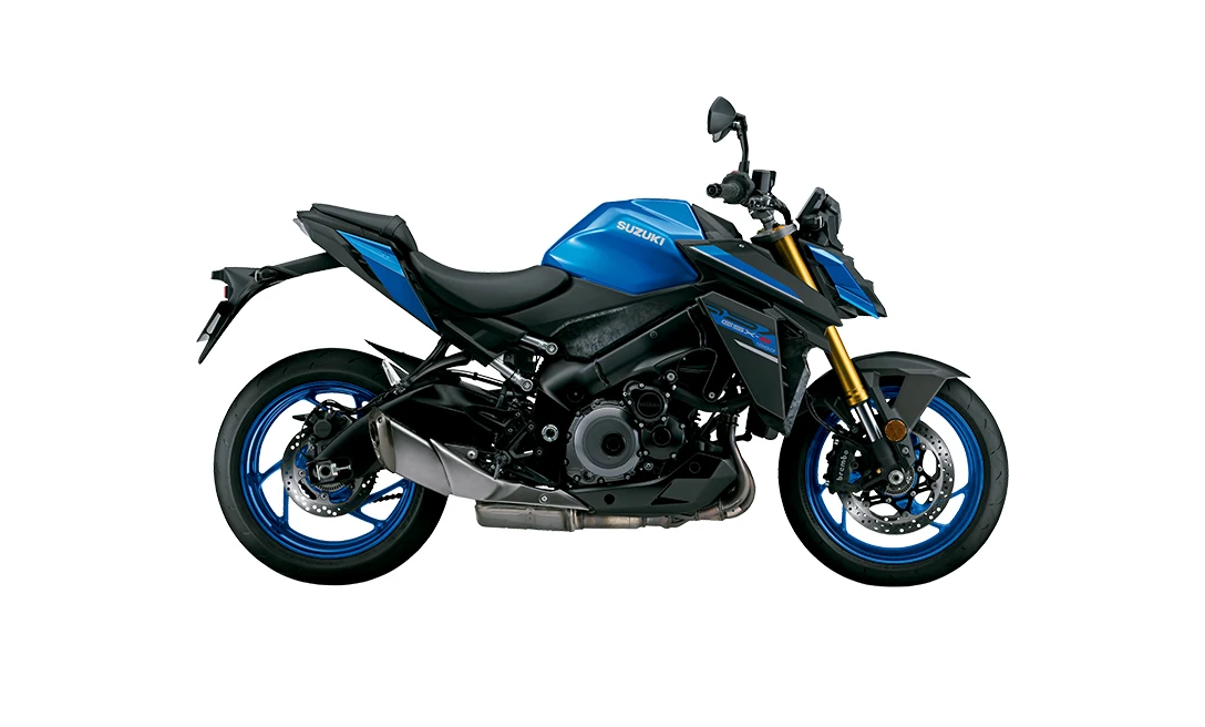 Suzuki GSX-S1000 prata e azul, naked vista de lado