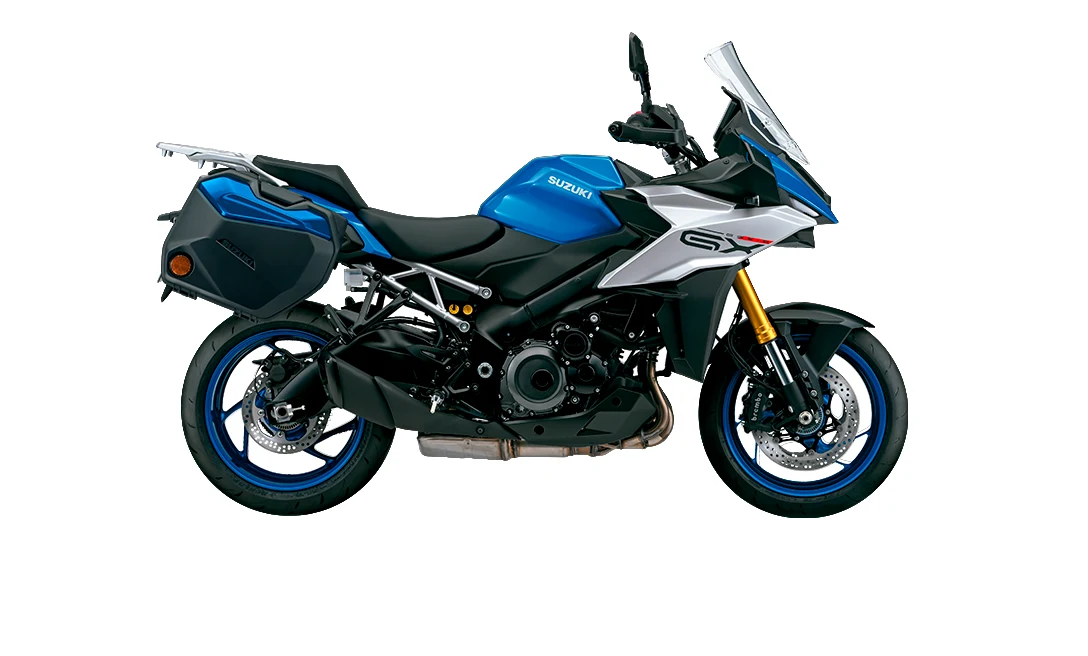 Suzuki GSX-S1000GX azul e branca, crossover esportiva vista de lado