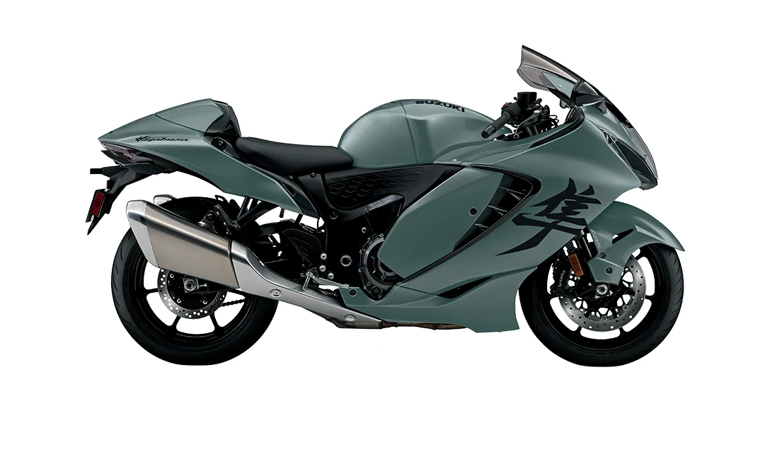 Suzuki Hayabusa verde fosca, hiperesportiva vista de lado