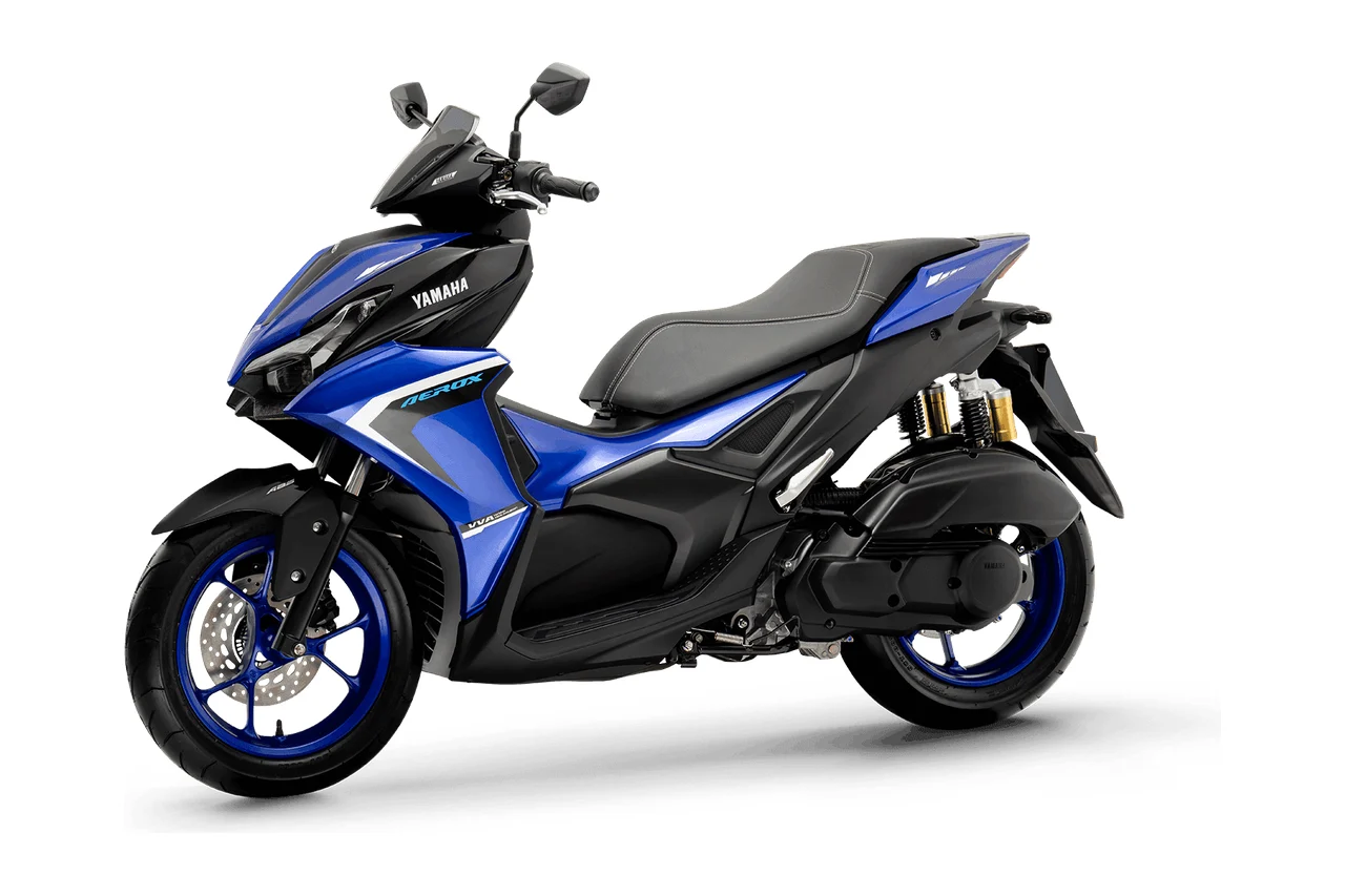 Yamaha Aerox azul com rodas azuis, scooter esportiva vista em três quartos de frente
