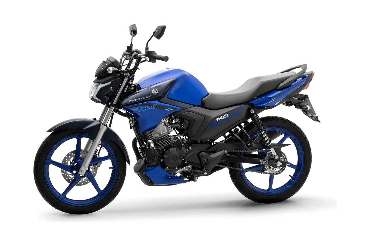 Yamaha Factor DX azul com rodas azuis, moto urbana vista em três quartos de frente