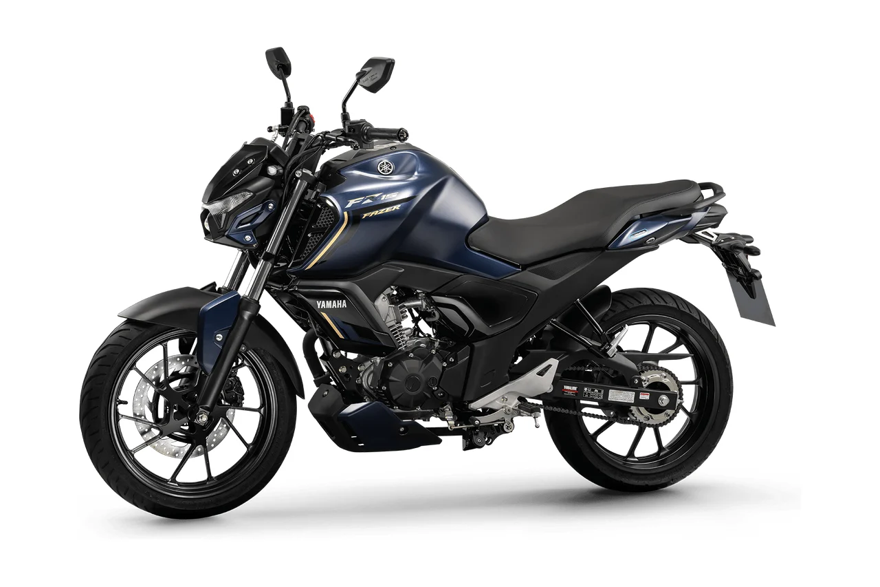 Yamaha Fazer FZ15 azul fosco, naked vista em três quartos de frente