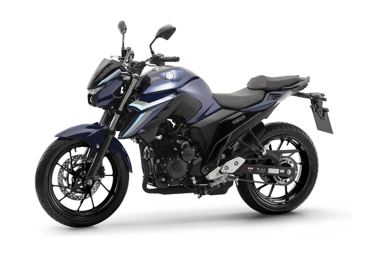 Yamaha Fazer FZ25 azul-marinho, naked vista em três quartos de frente