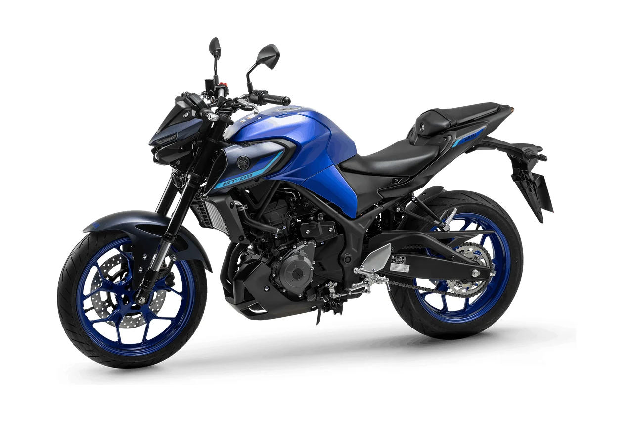 Yamaha MT-03 azul, naked vista em três quartos de frente