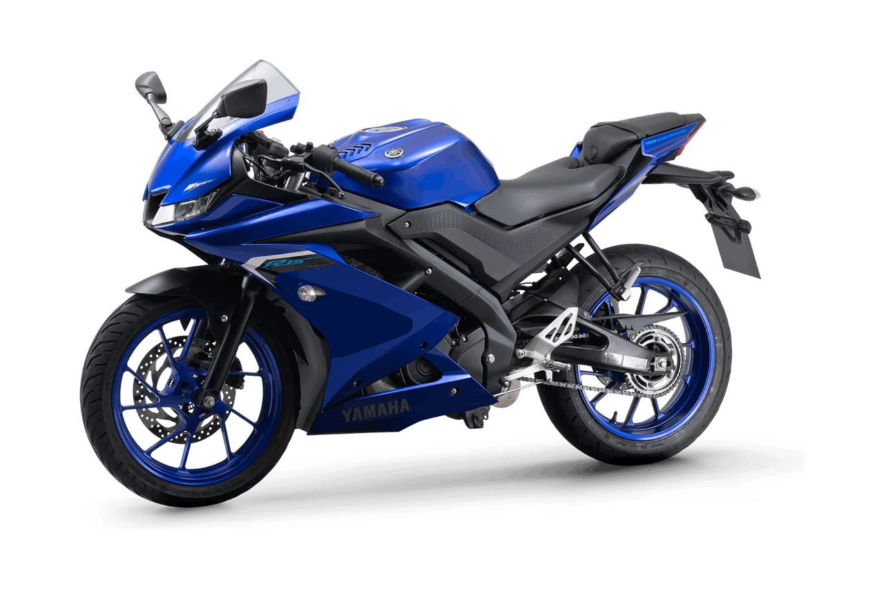 Yamaha R15 azul, moto esportiva vista em três quartos de frente