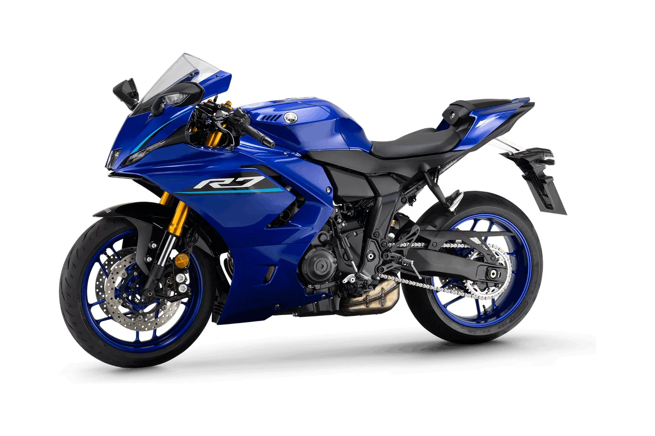 Yamaha R7 azul, moto esportiva vista em três quartos de frente