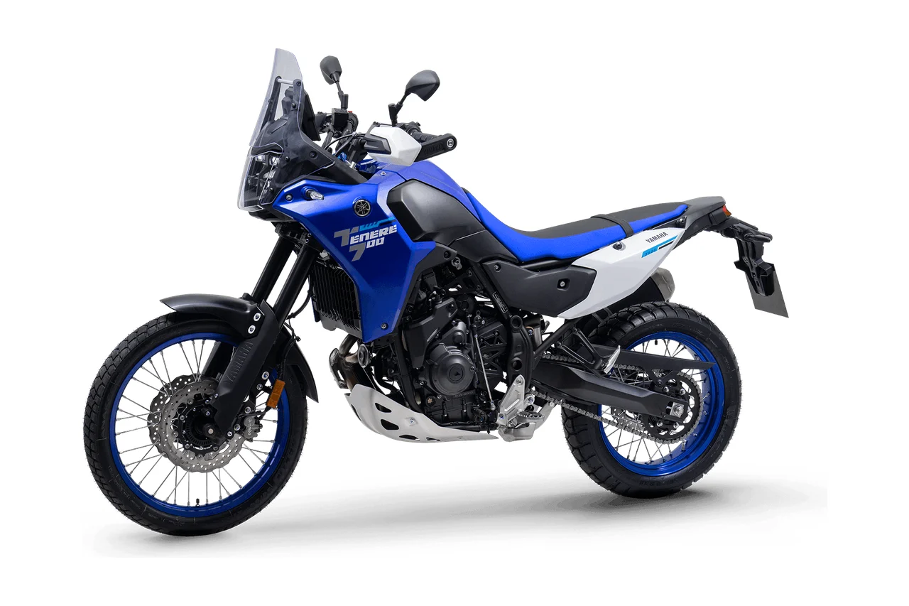 Yamaha Ténéré 700 azul, big trail vista em três quartos de frente